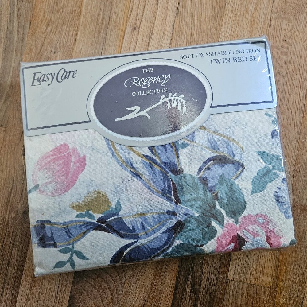 NEW Vintage 80s Regency Floral Twin Bed Sheet Set Flat Fitted Pillowcase 3 Piece